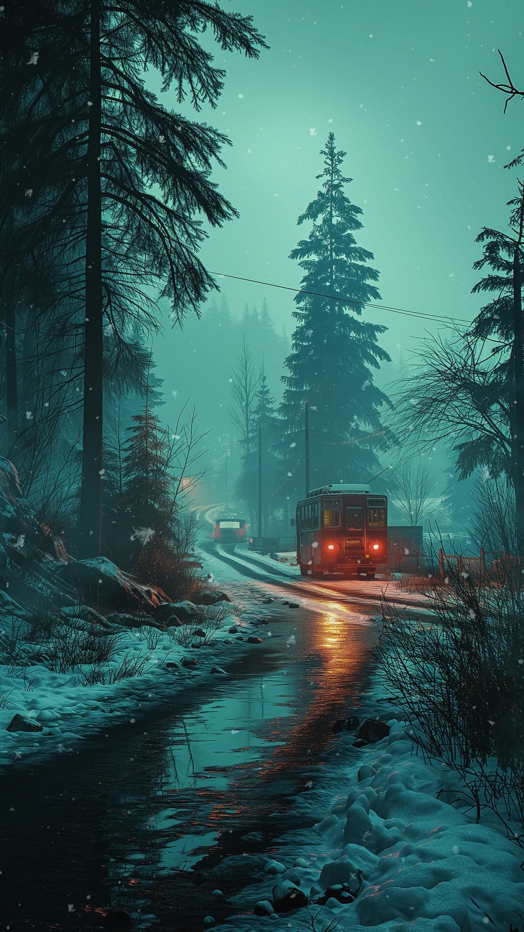 Vintage bus with red taillights driving on a snowy road between dark pine trees under a teal twilight sky.