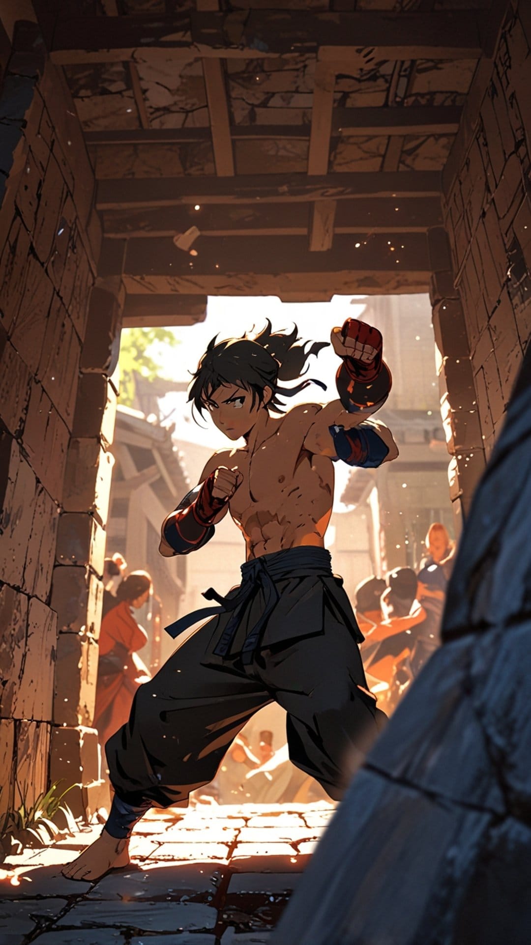 Muscular fighter with a ponytail and red hand wraps stands in a combat pose within a sunlit stone courtyard.