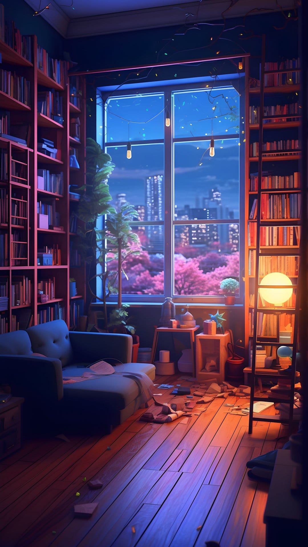 Wooden bookshelves frame a window overlooking a night skyline and pink cherry blossoms with glowing fairy lights.