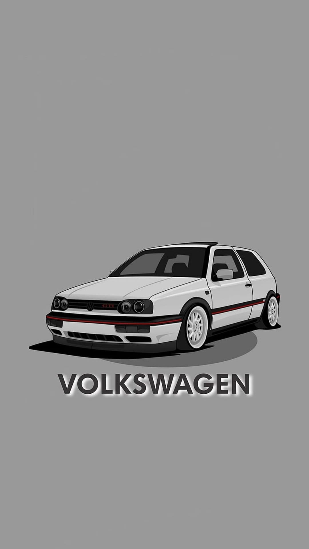 White Volkswagen Golf GTI MK3 with red trim on a gray background, centered above black brand name text.