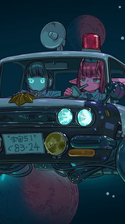 girls,police car,space,sci-fi,art
