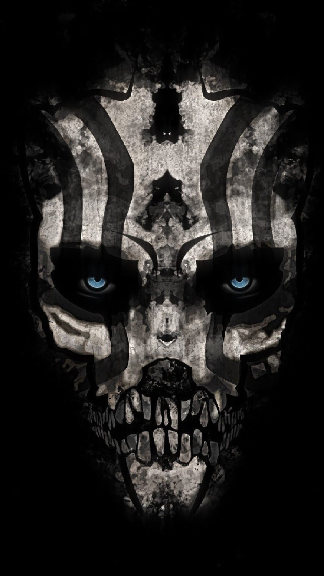 Skull with monochromatic stripes and glowing blue eyes set against a dark, distressed and gritty grunge background.