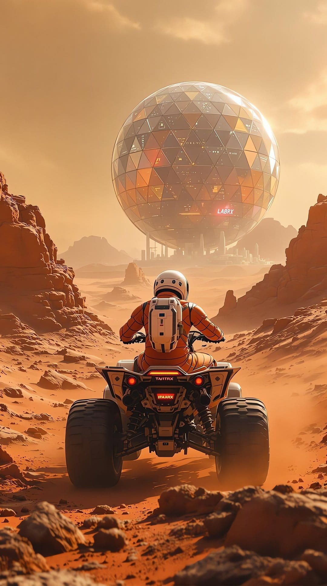 Astronaut on a quad bike drives through a rocky orange canyon toward a massive geodesic dome under a dusty sky.