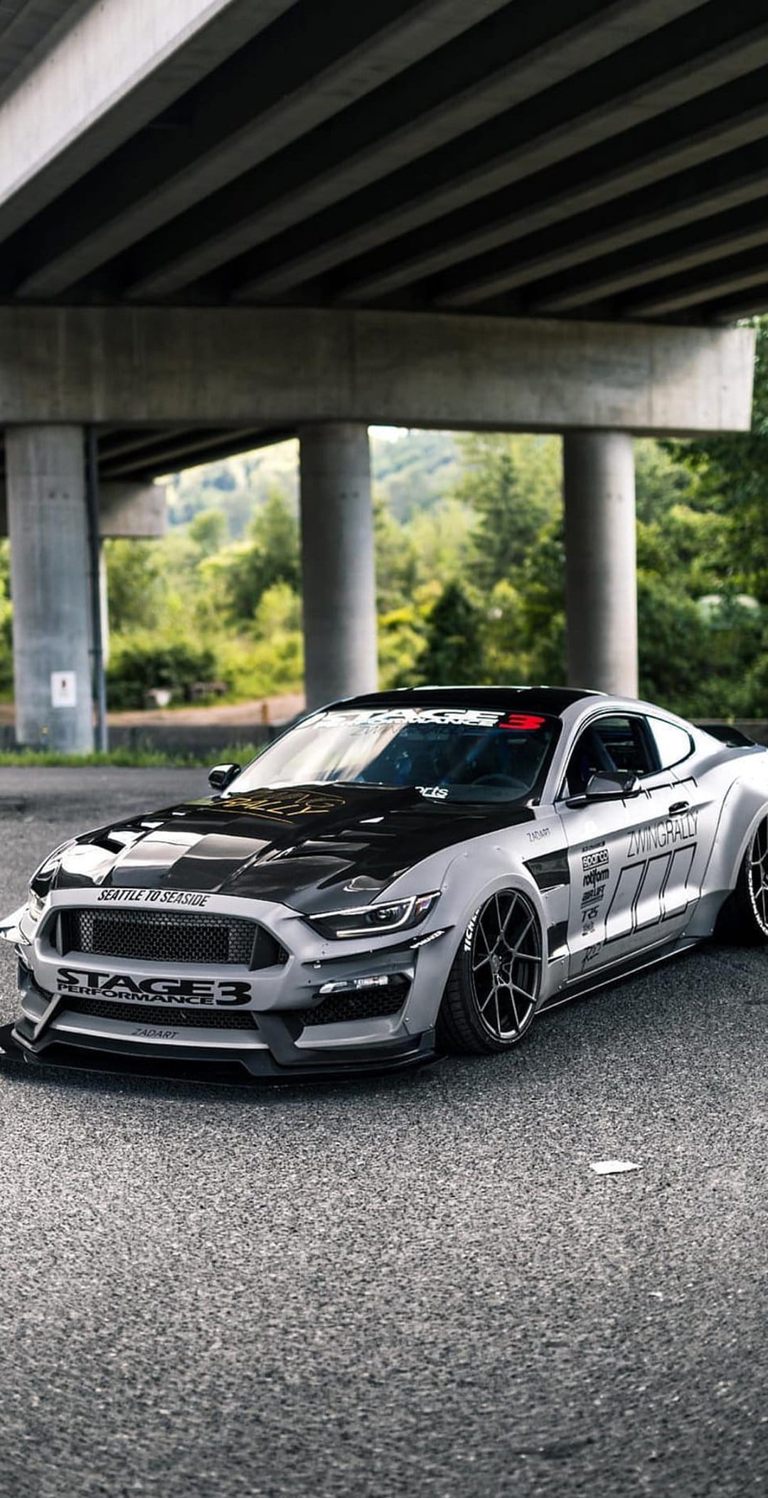 Ford Mustang with a widebody kit, checkered hood, and racing decals parked on asphalt under a concrete bridge.