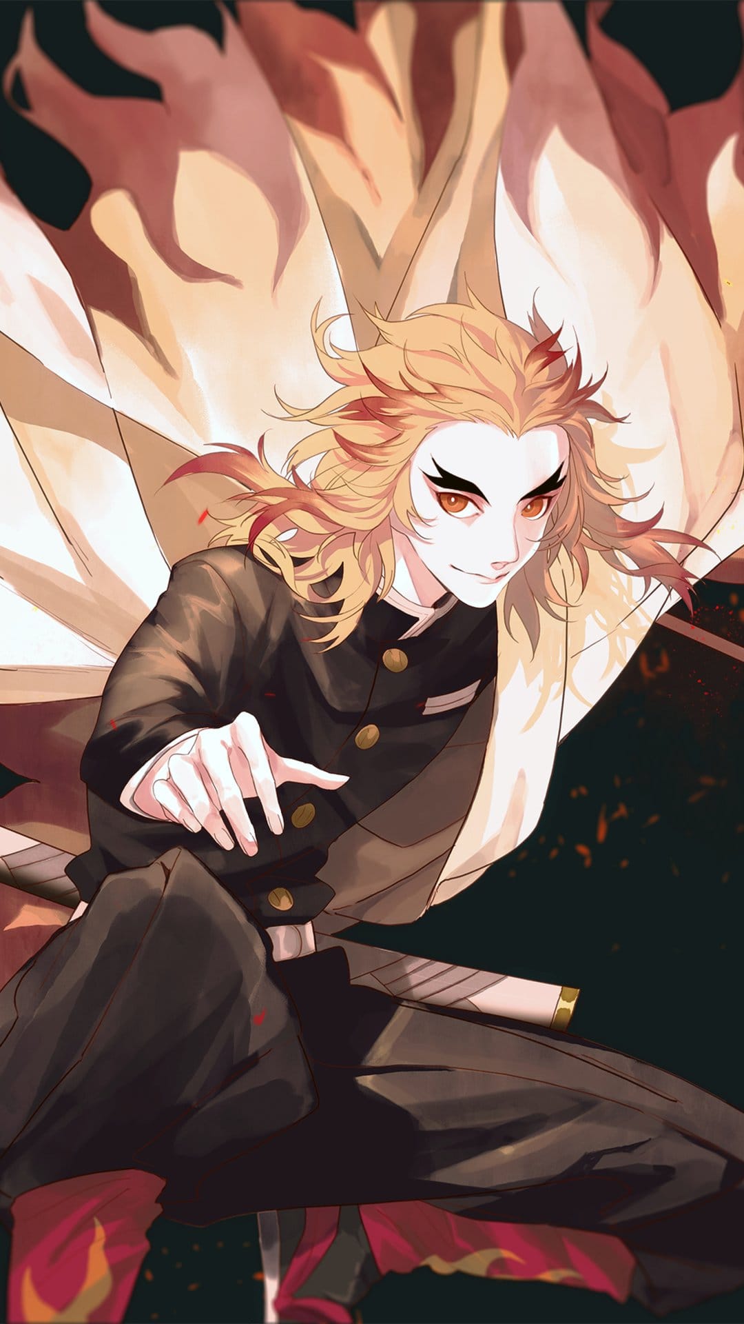 Kyojuro Rengoku smiling while reaching forward in a flame-patterned haori against a dark, warm background.