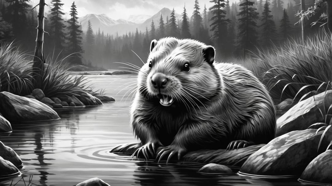 Beaver sitting on a log by a river with forest and mountains in a high-contrast black and white landscape.