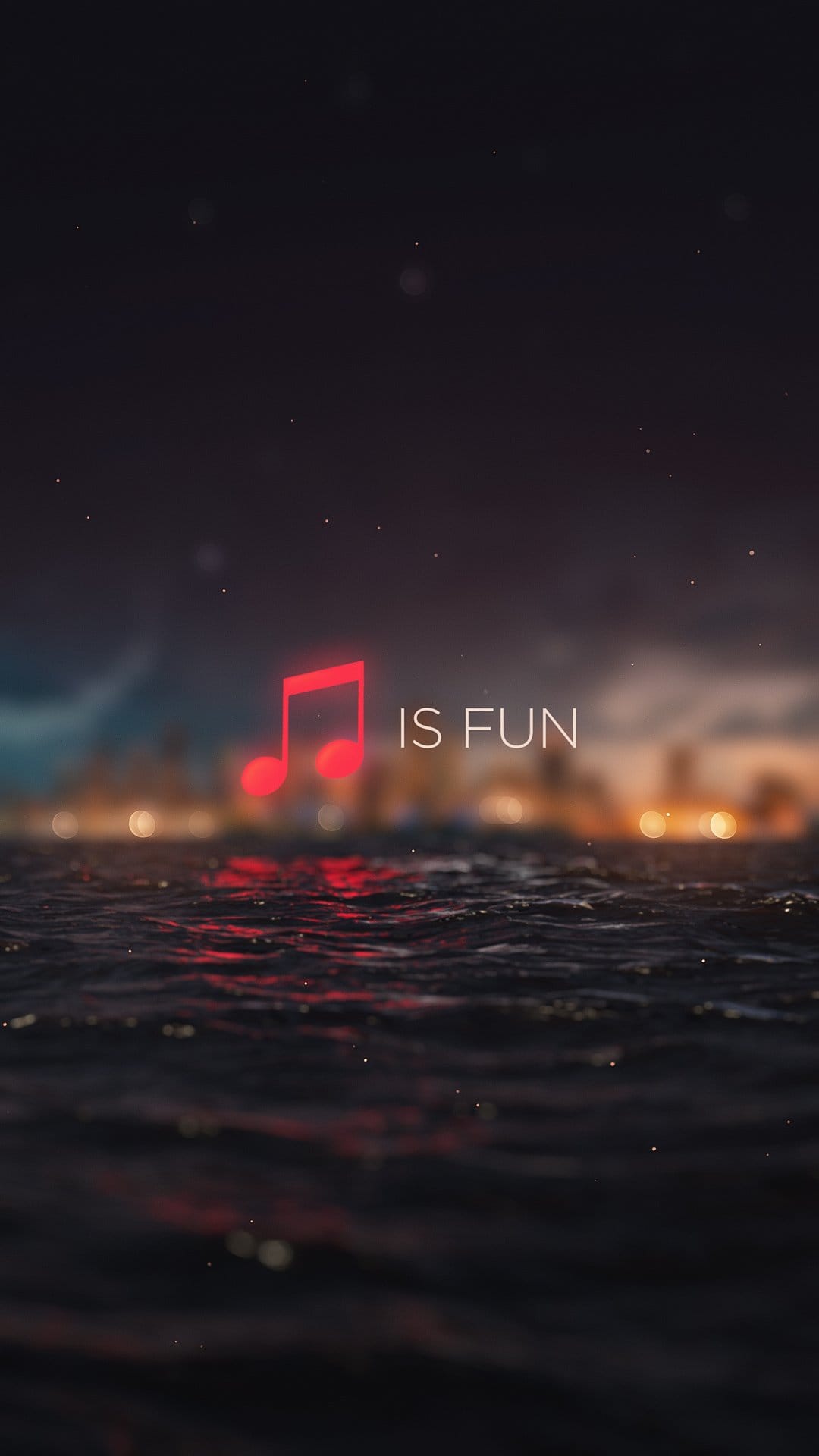 Red neon music note floats over rippling dark water with golden bokeh city lights in the background.