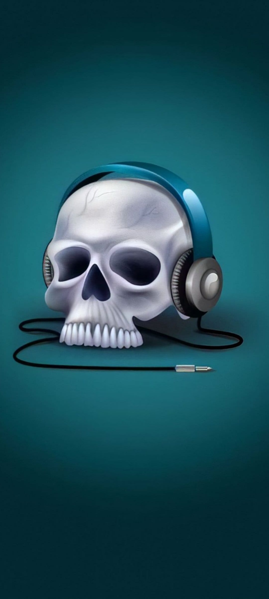 Human skull wearing blue over-ear headphones with a silver audio jack plug against a dark teal background.