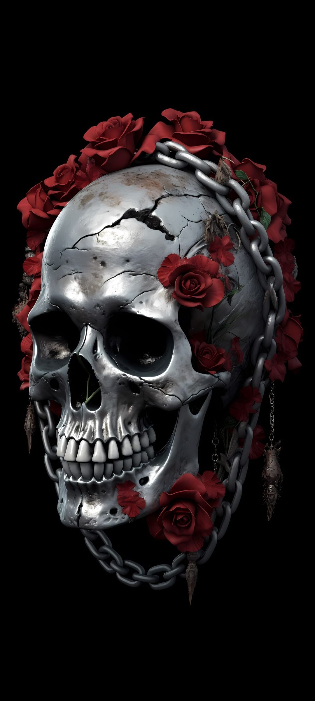 Cracked metallic skull intertwined with deep red roses and silver chains against a dark, moody background.