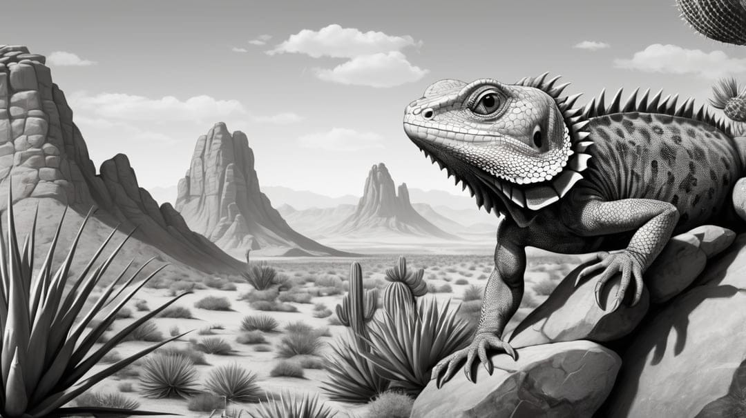 Lizard with detailed scales perches on a rock with desert mountains and cacti under a cloudy monochrome sky.