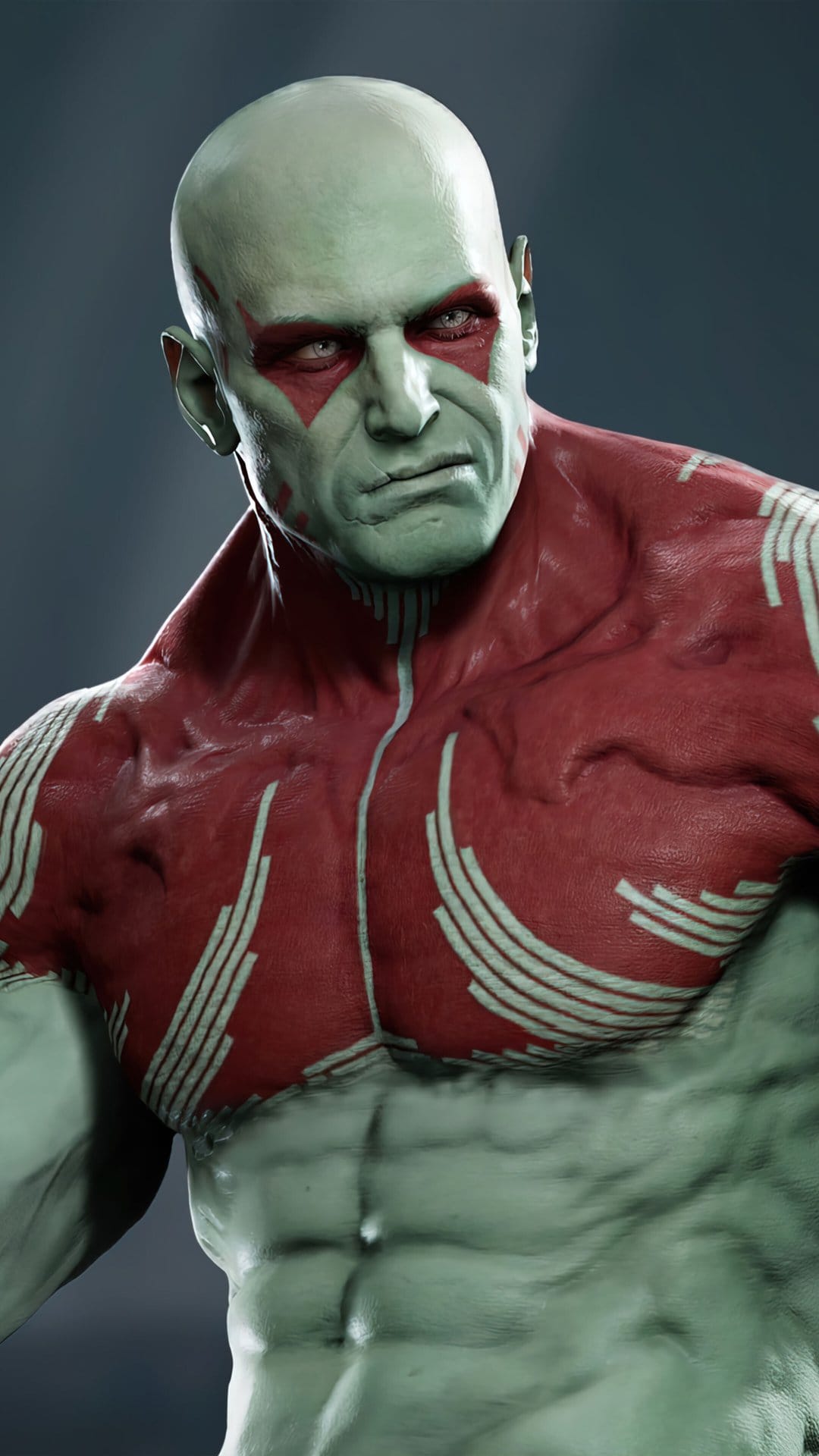 Muscular green-skinned character with red body markings looking sideways against a dark blue-grey background.