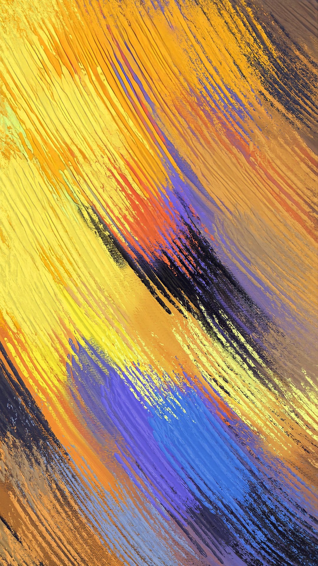 Diagonal yellow, blue, and orange brushstrokes with thick paint texture create a vibrant, layered composition.