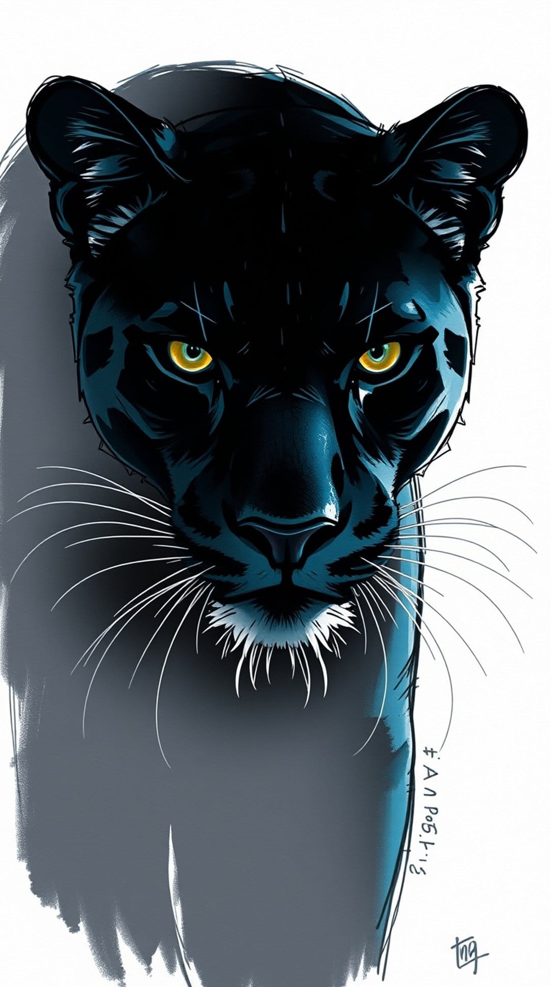 Black panther face with bright yellow eyes and dark glossy fur illuminated by subtle blue rim lighting.