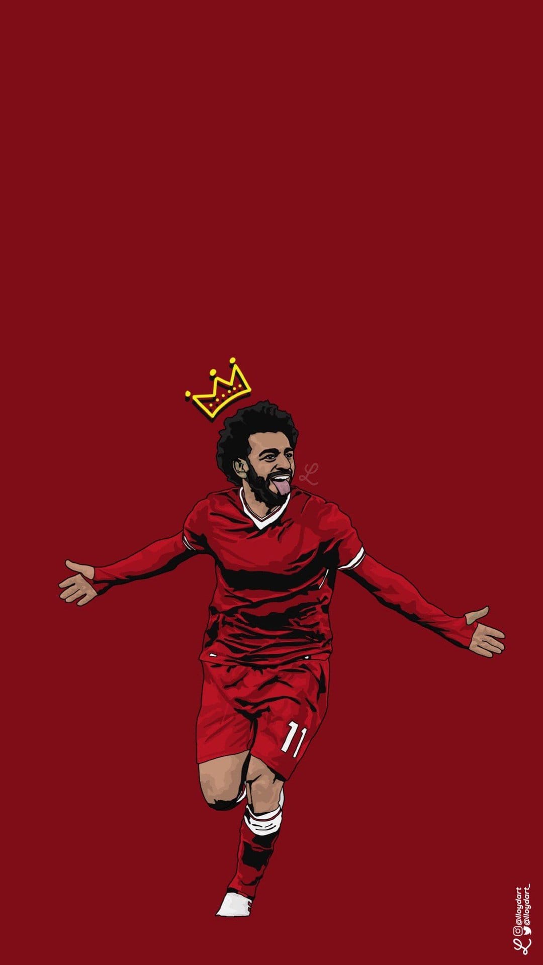 Mohamed Salah in a red Liverpool jersey runs with arms wide under a floating gold crown on a red background.