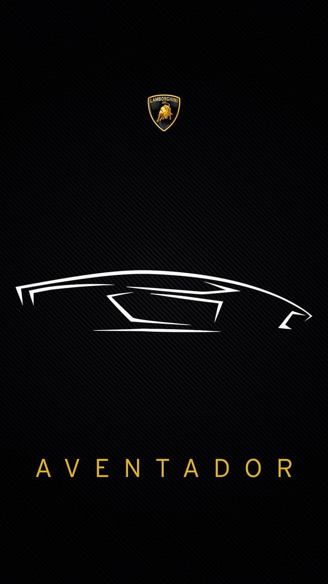 White Lamborghini Aventador outline with a golden shield logo on a black background for mobile screens.