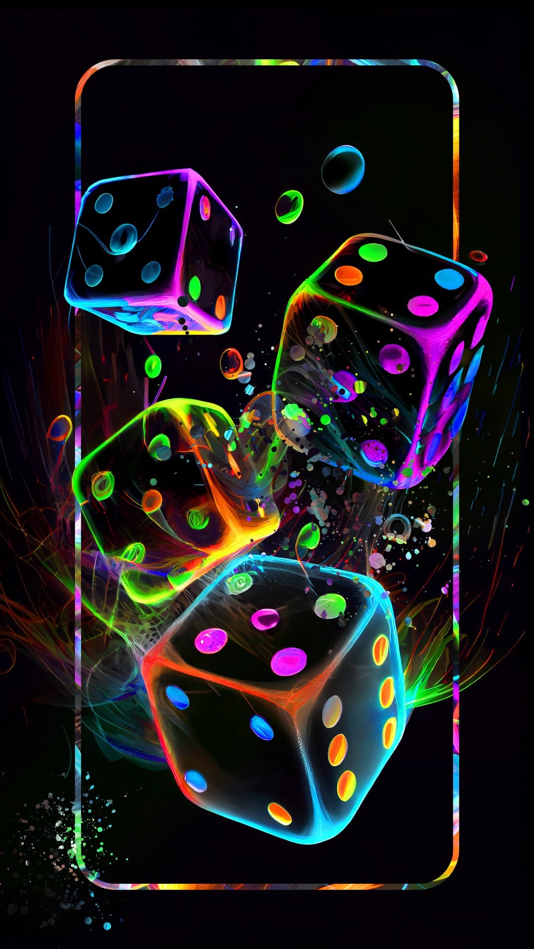 Three translucent neon dice with glowing pips float amidst colorful smoke and bubbles on a black background.