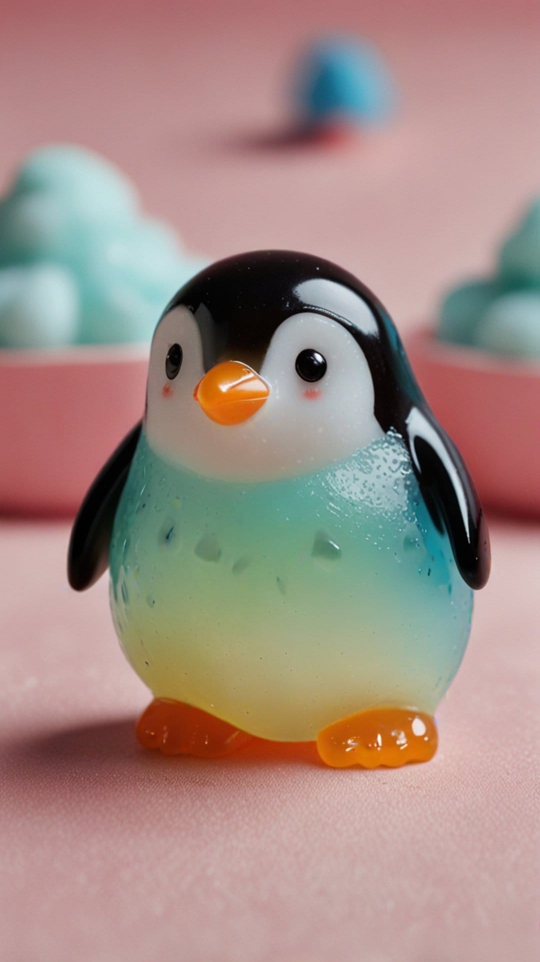 Translucent jelly penguin with a blue gradient sits on a pink textured surface with soft pastel bokeh.