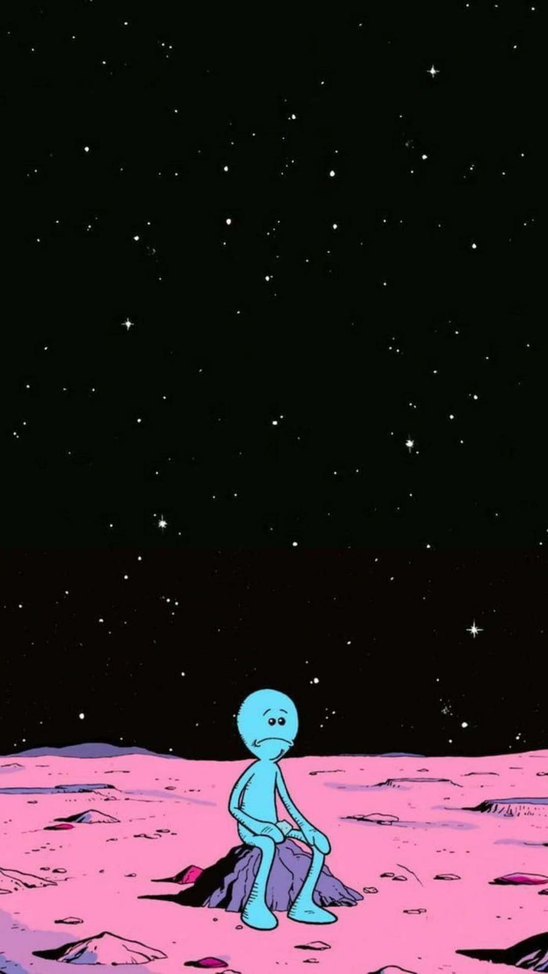 Mr. Meeseeks sitting on a pink rock on an alien planet under a black night sky filled with many bright white stars.