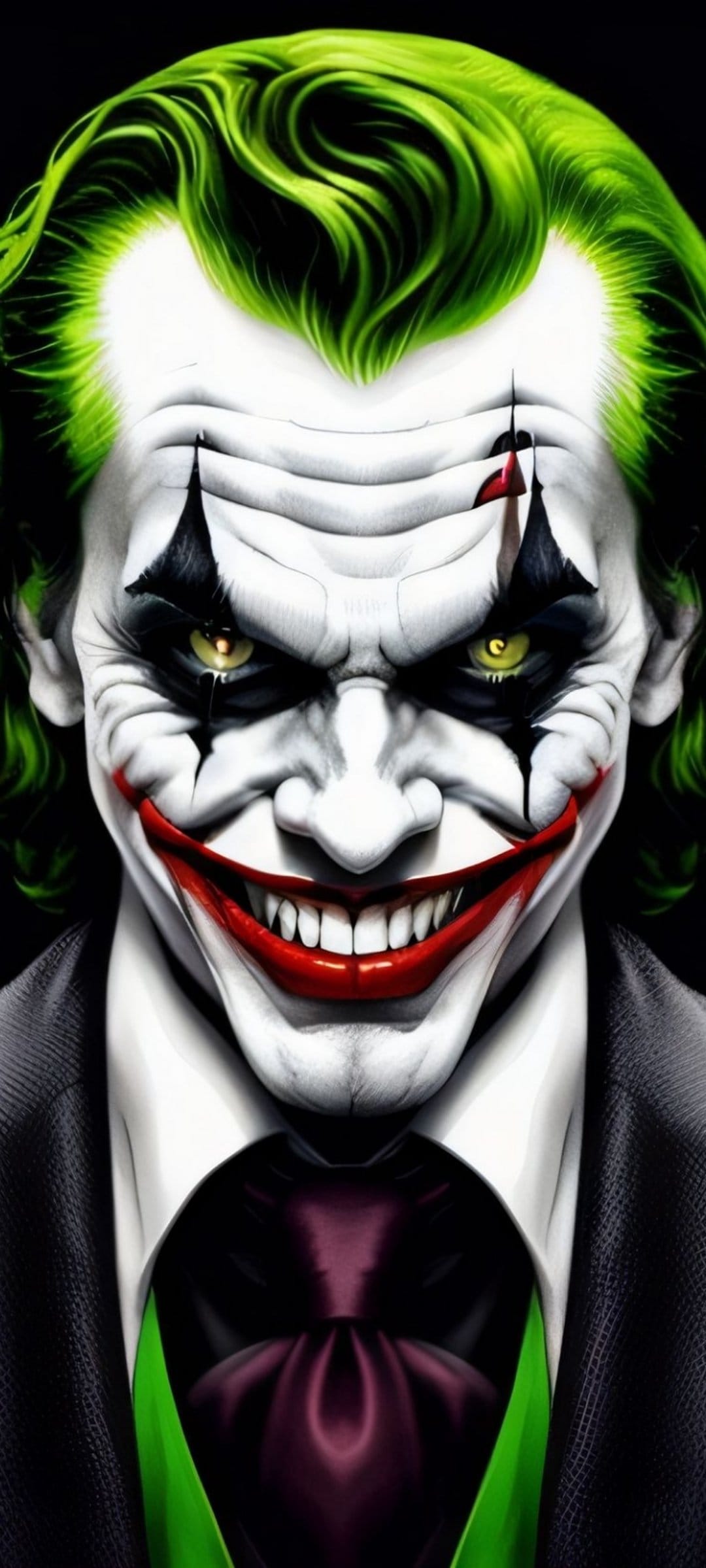 Joker displays a menacing red smile, smeared black eye makeup, and messy green hair against a dark background.