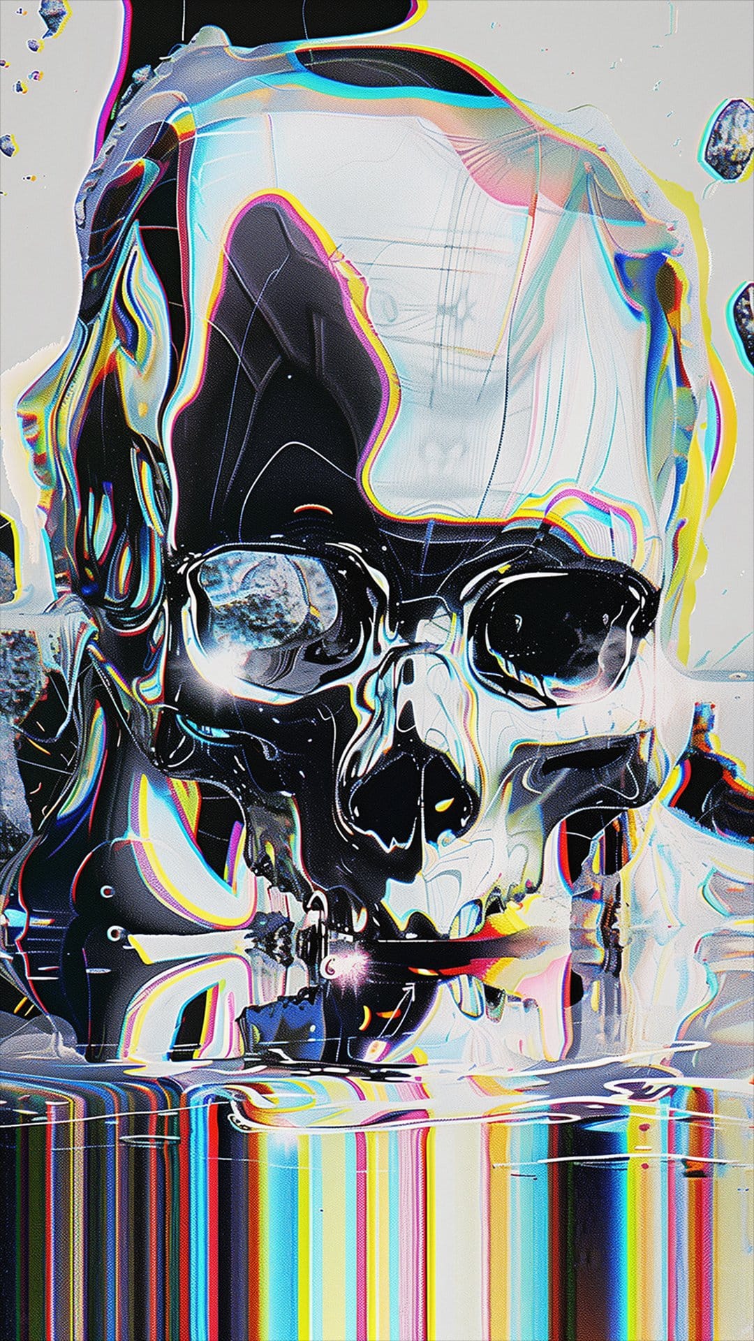 Skull with chromatic aberration and colorful distorted light reflections against a dark, high-contrast background.