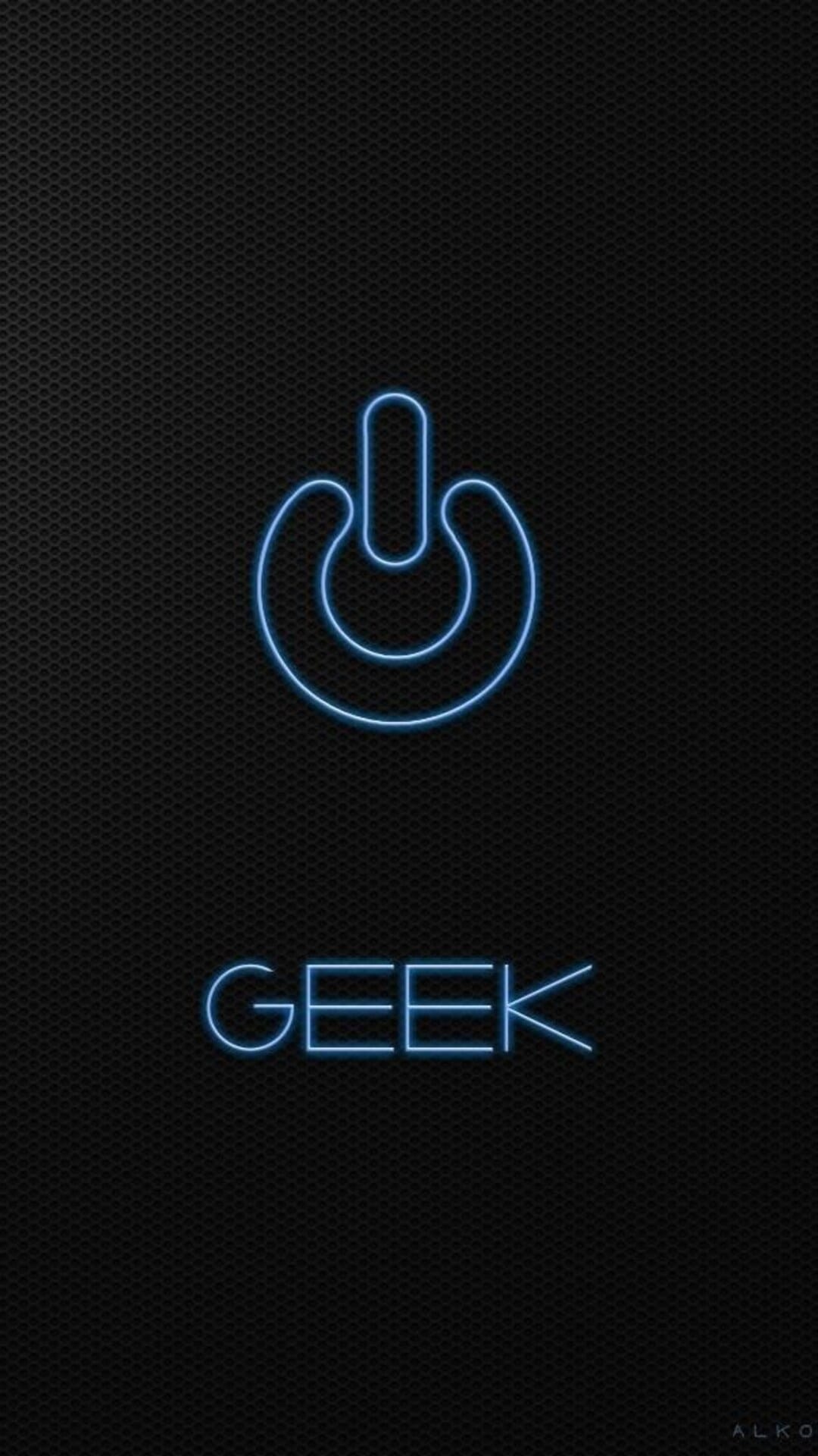 Blue neon power symbol and the word GEEK glow against a dark grainy background in this vertical tech composition.