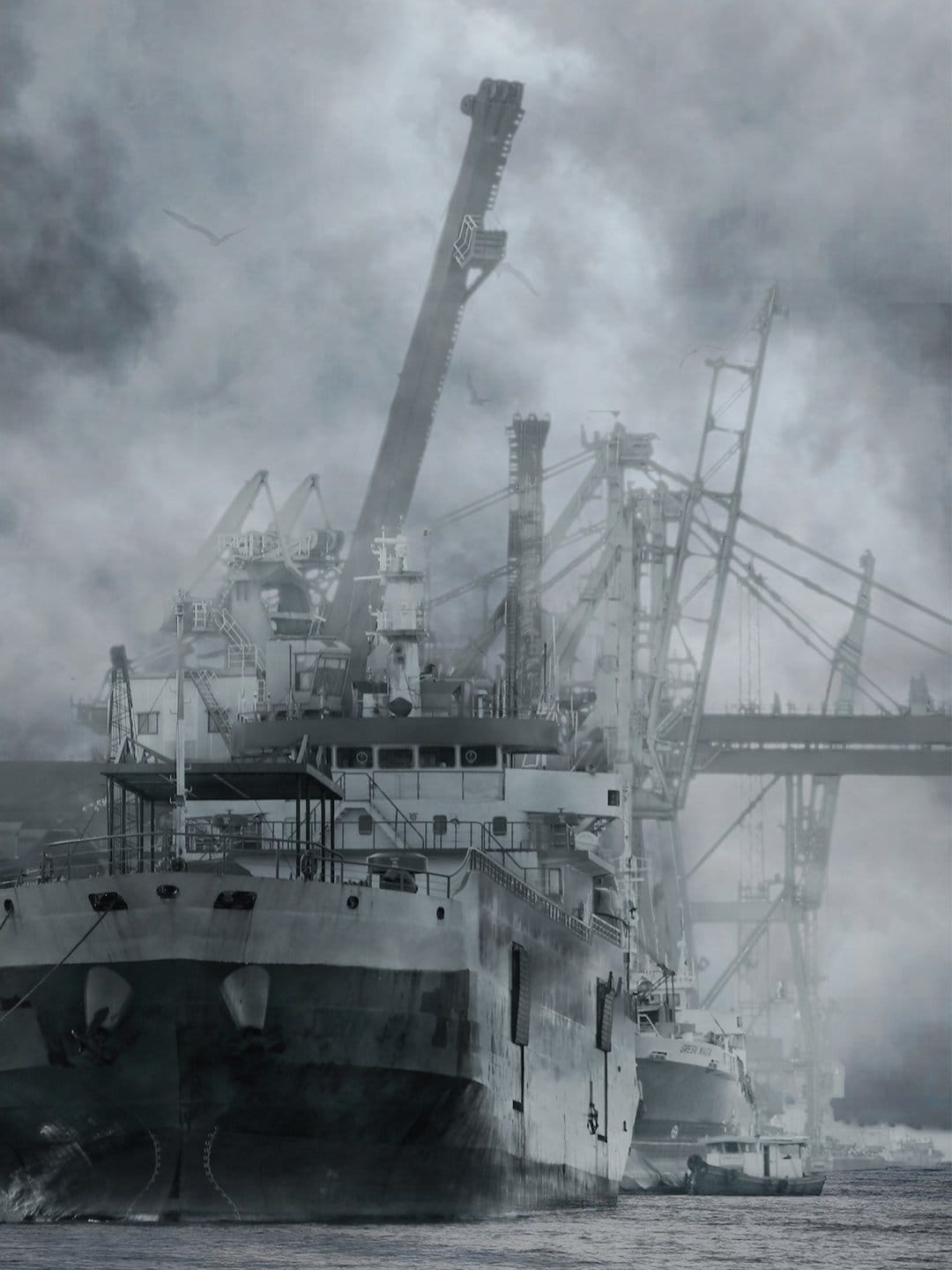 Industrial cranes and large cargo ships sit docked in a dense maritime fog during a gray monochromatic morning.