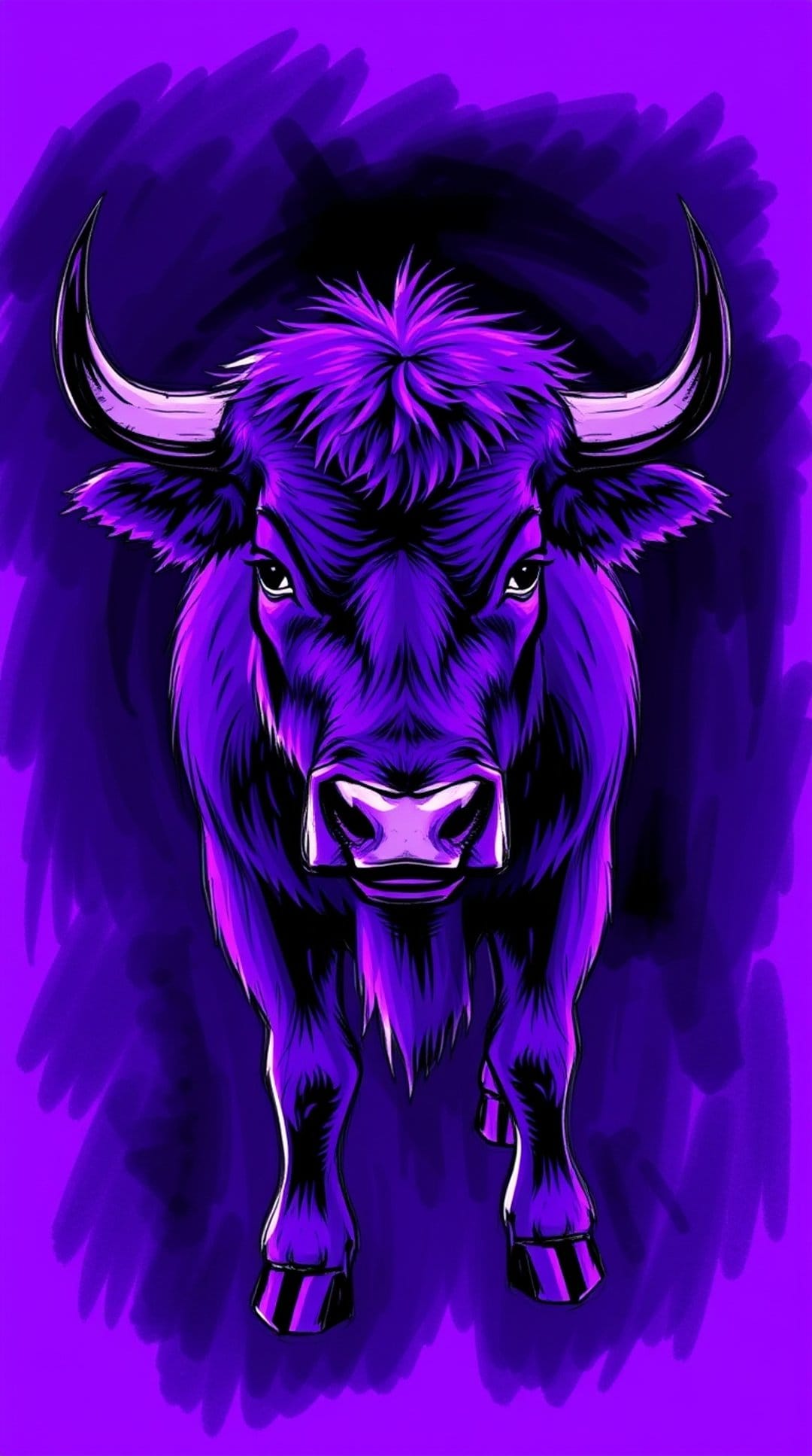 Muscular purple bull with glowing eyes and sharp horns against a textured violet and black abstract background.