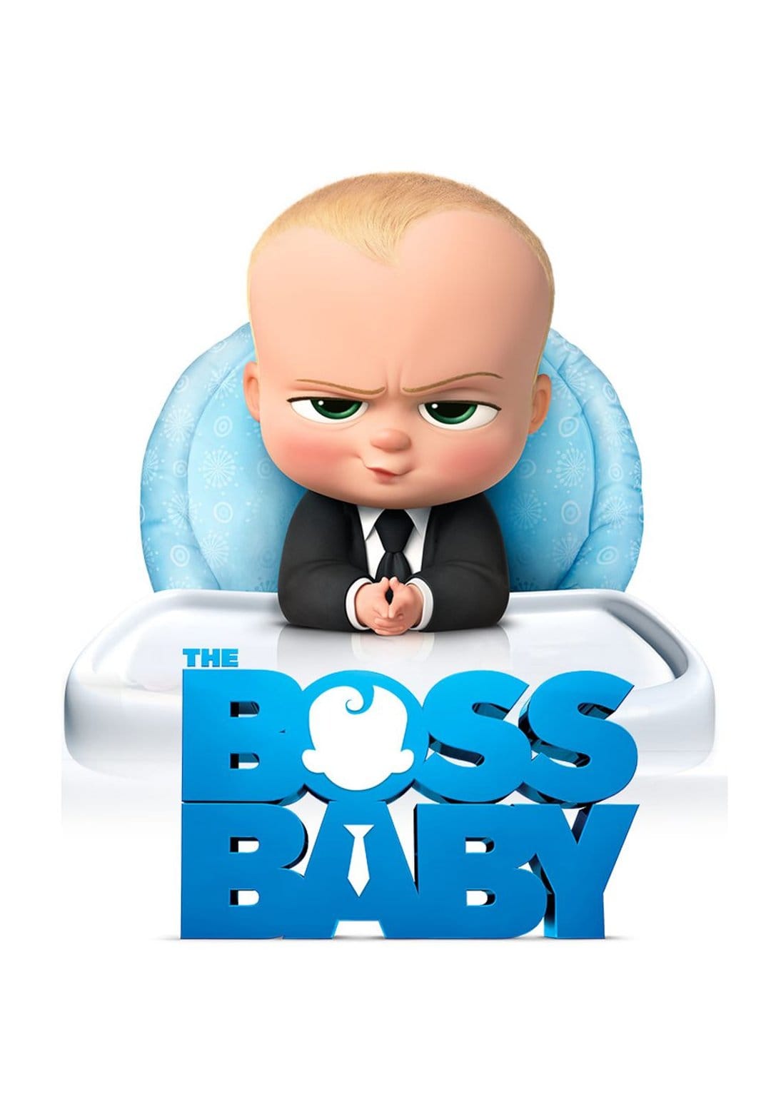 Boss Baby in a black suit and tie sits in a blue high chair against a white background with a serious expression.
