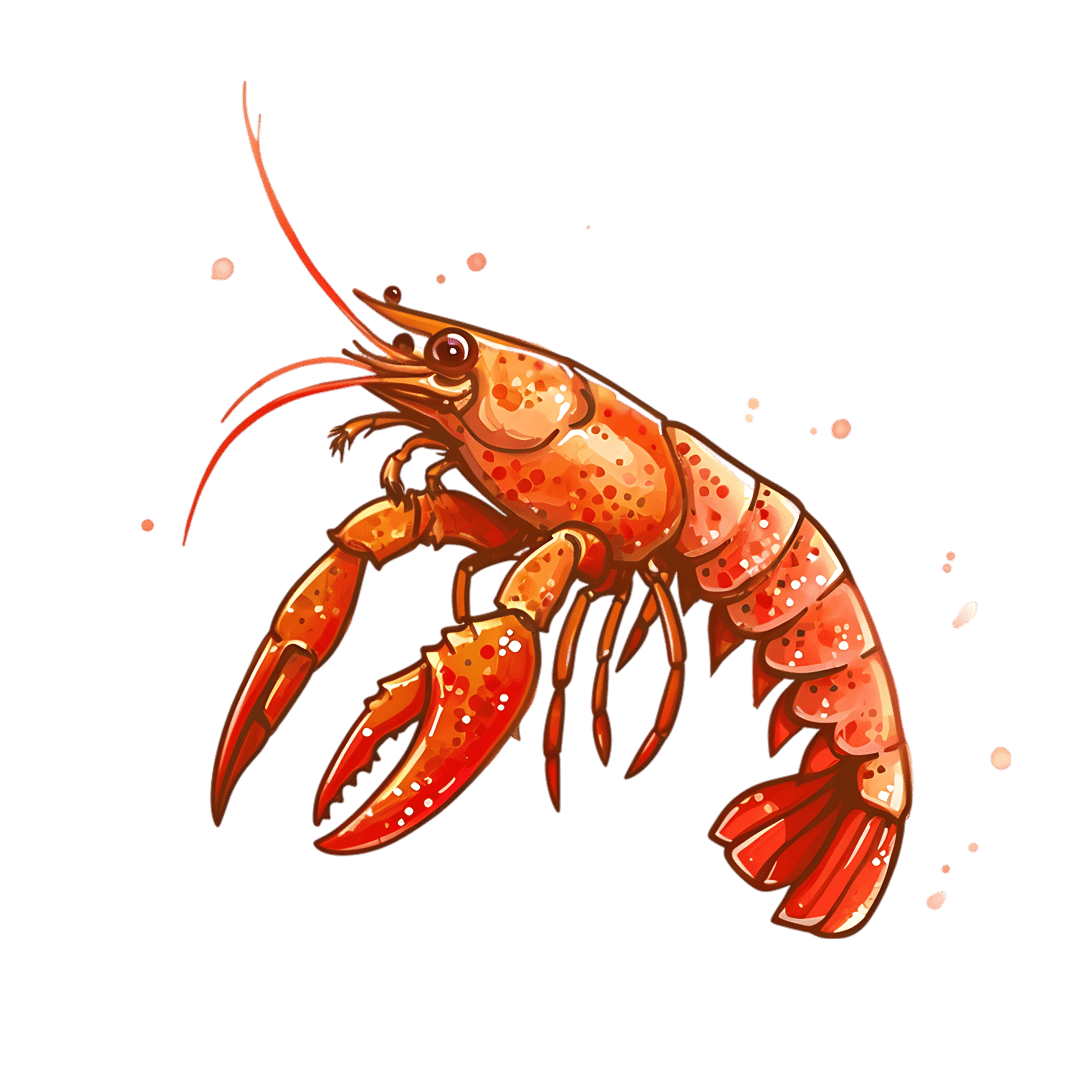 Red lobster illustration showing segmented shell textures and sharp claws against a dark background environment.