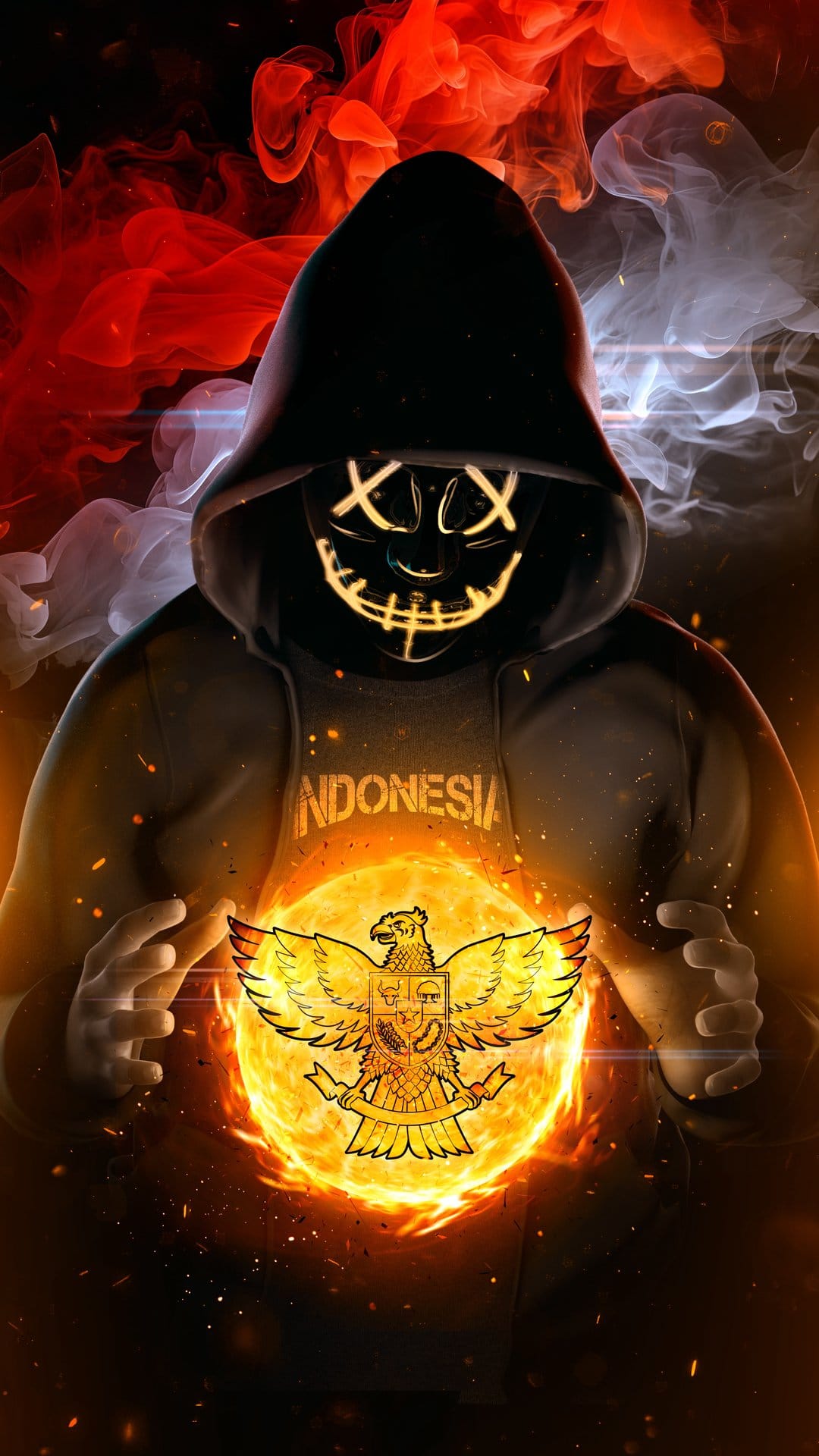 Masked person in a black hoodie holds a burning Garuda symbol against red and white smoke backgrounds.