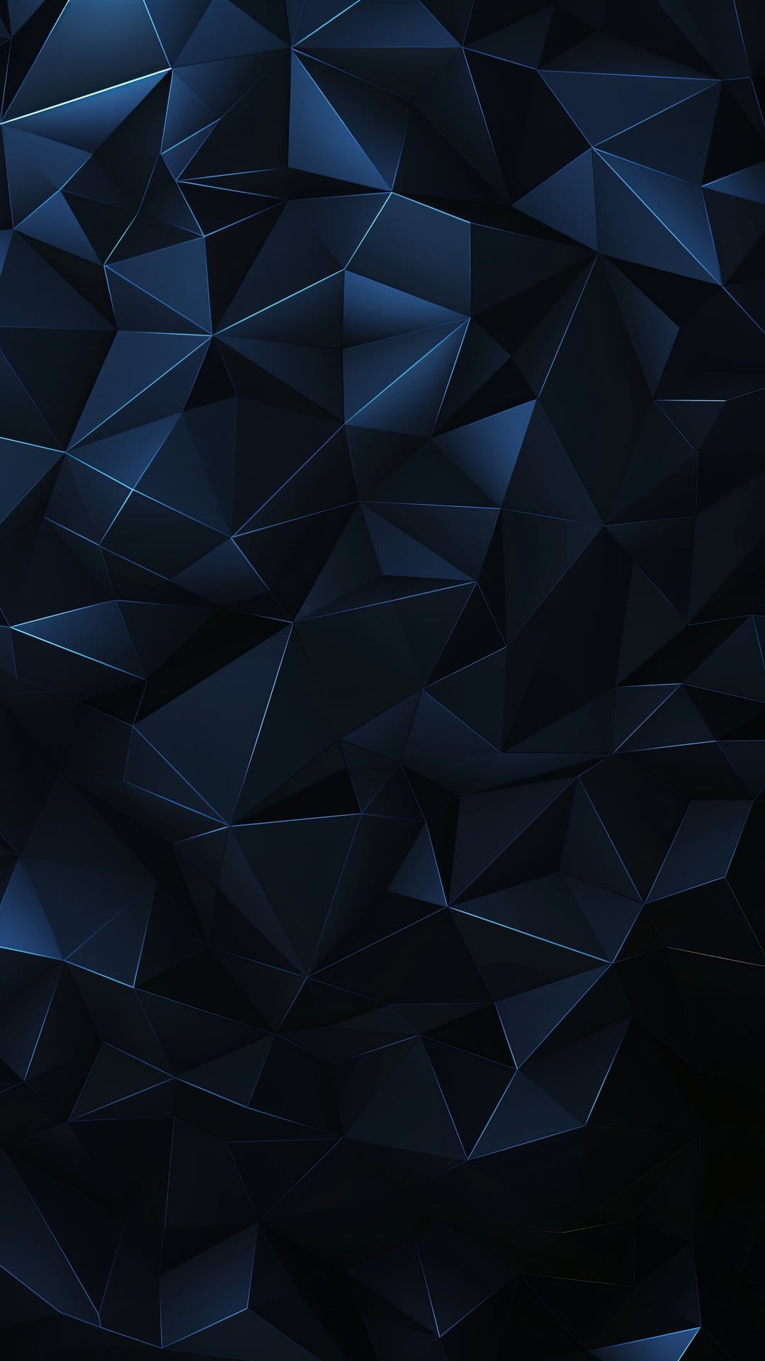 Dark blue interlocking polygons and sharp geometric facets create a three-dimensional crystalline surface.