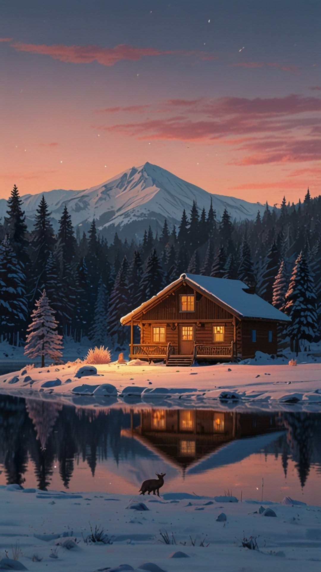 Wooden cabin with glowing windows sits beside a frozen lake and grazing deer beneath snowy mountain peaks.