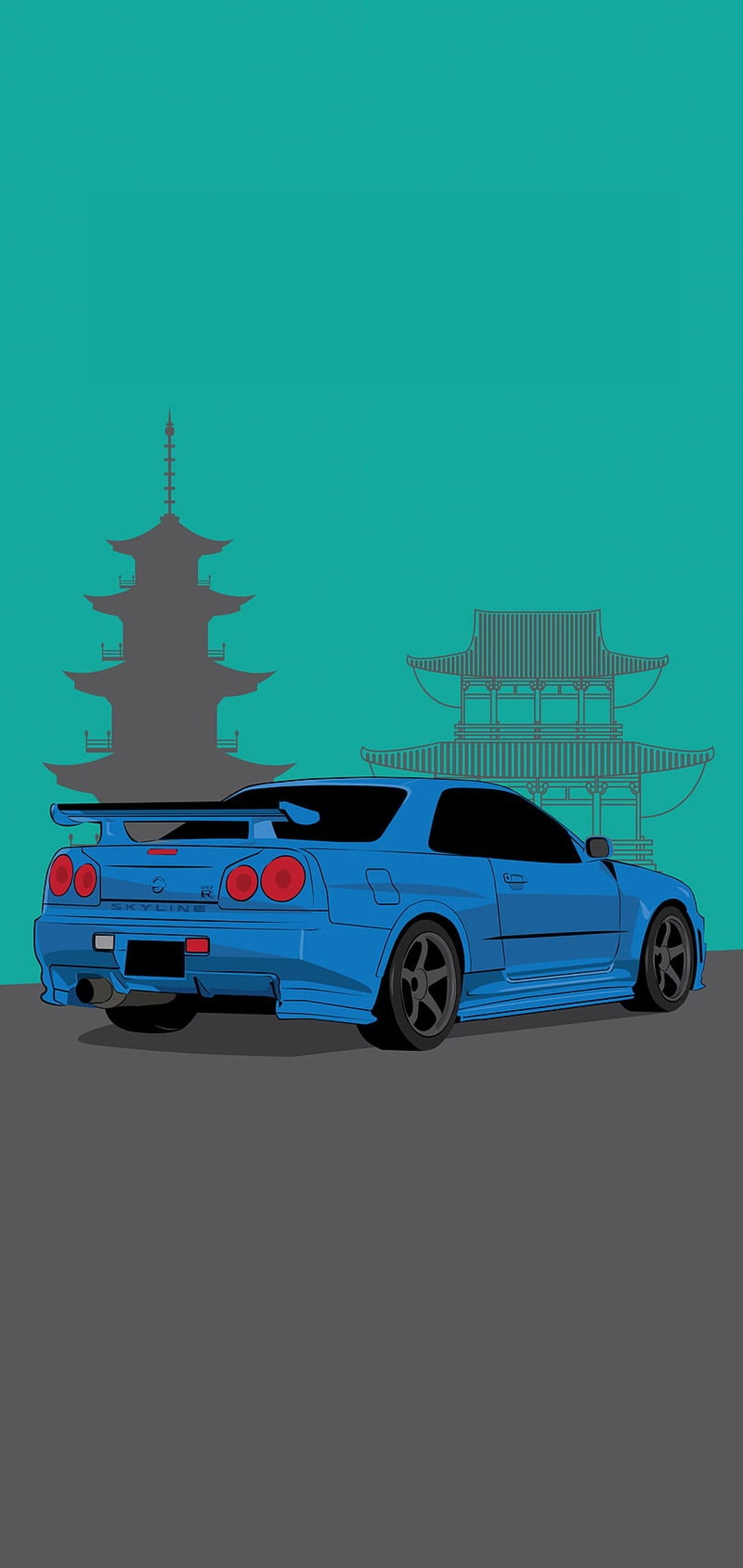 Blue Nissan Skyline R34 sports car parked in front of dark Japanese pagoda silhouettes on a teal backdrop.