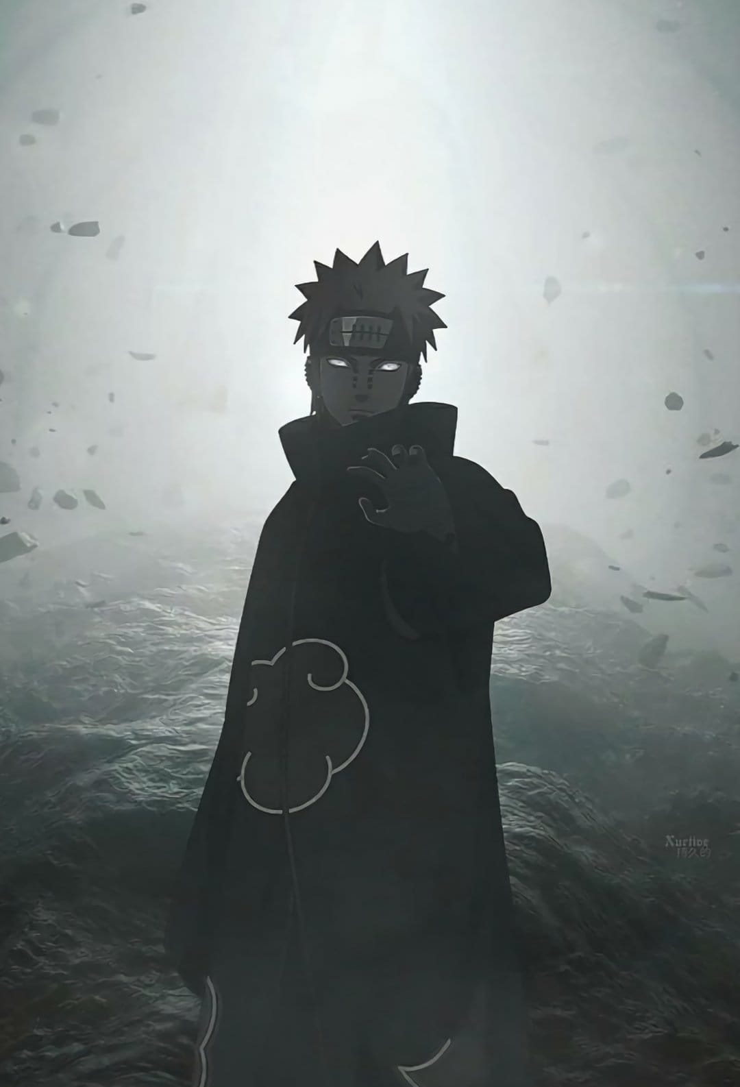 Pain wearing an Akatsuki cloak stands in a stormy sea with glowing purple eyes and floating rock debris.