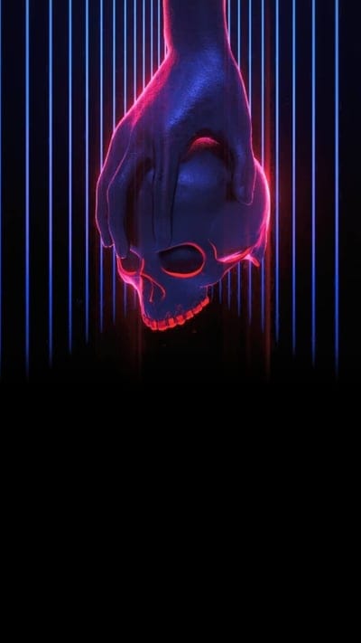 Neon skull, hand, purple, retro