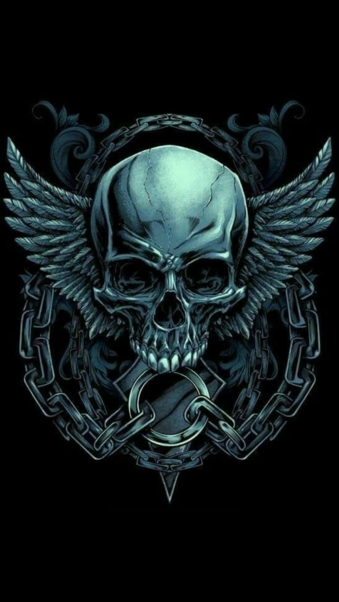 Menacing skull with feathered wings and heavy iron chains amidst ornate gothic filigree in cold blue tones.