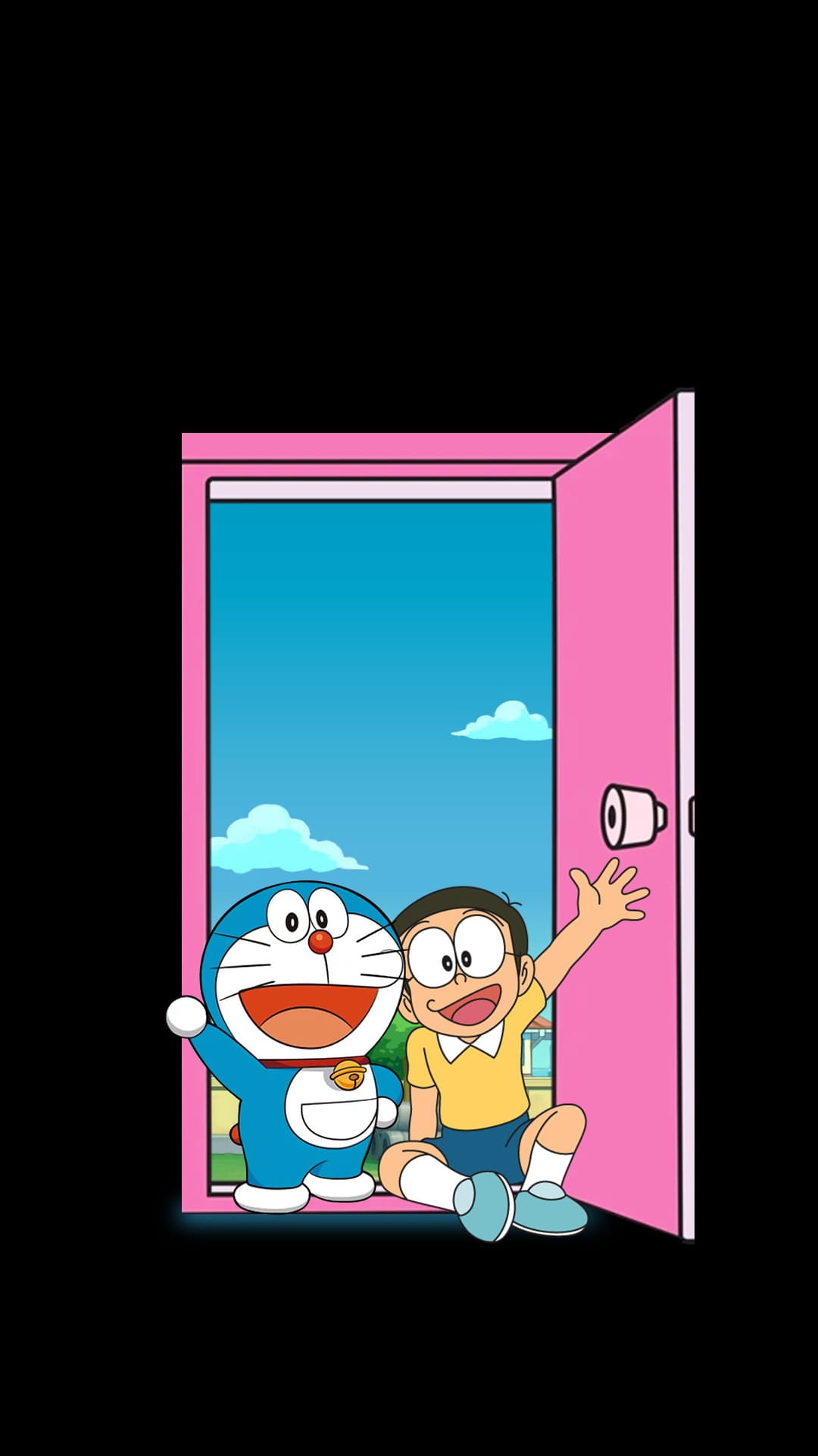 Doraemon and Nobita wave from behind an open pink door under a bright blue sky with clouds in a vertical view.