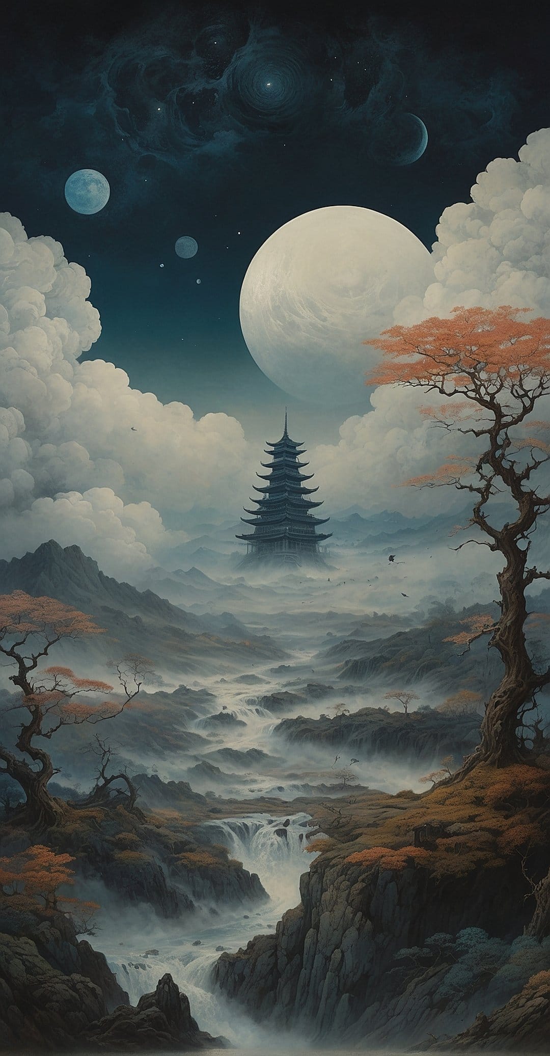 Multi-tiered pagoda stands on misty mountain cliffs under two large moons and a purple nebula in a starry sky.