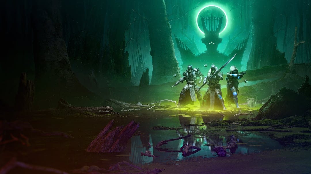 Three armored warriors stand in a glowing green swamp before a massive silhouette with a bright emerald halo.