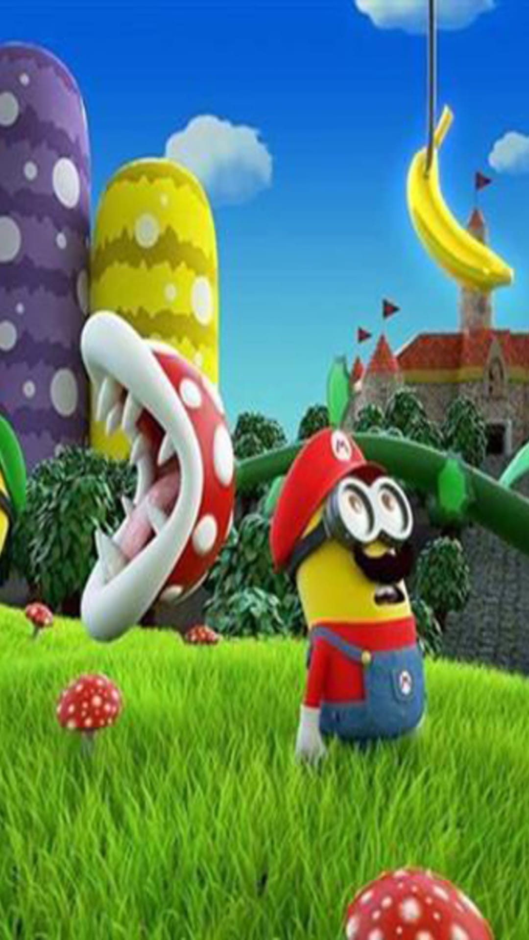 Minion wearing Mario's red hat and overalls stands near a Piranha Plant and purple warp pipes in a grassy field.