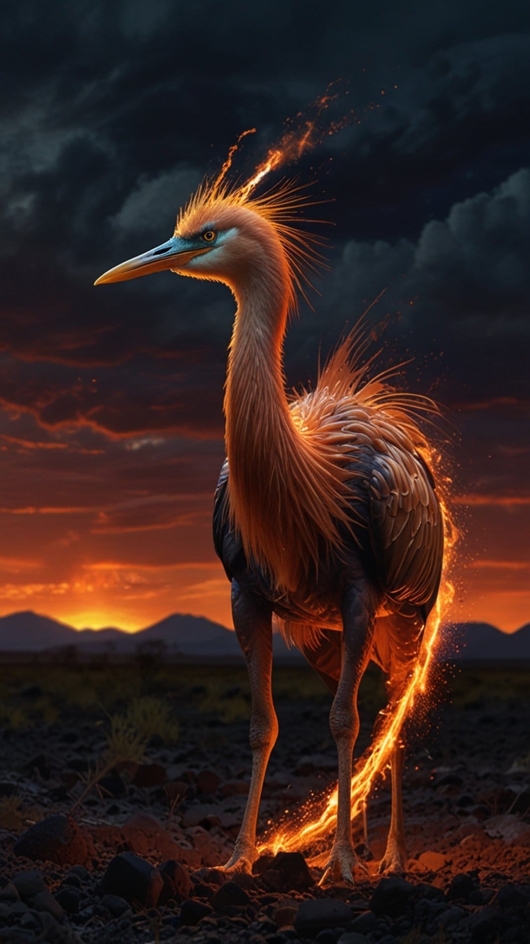 Flaming heron with glowing feathers stands in a mountain lake during a dark sunset under a cloudy fantasy sky.