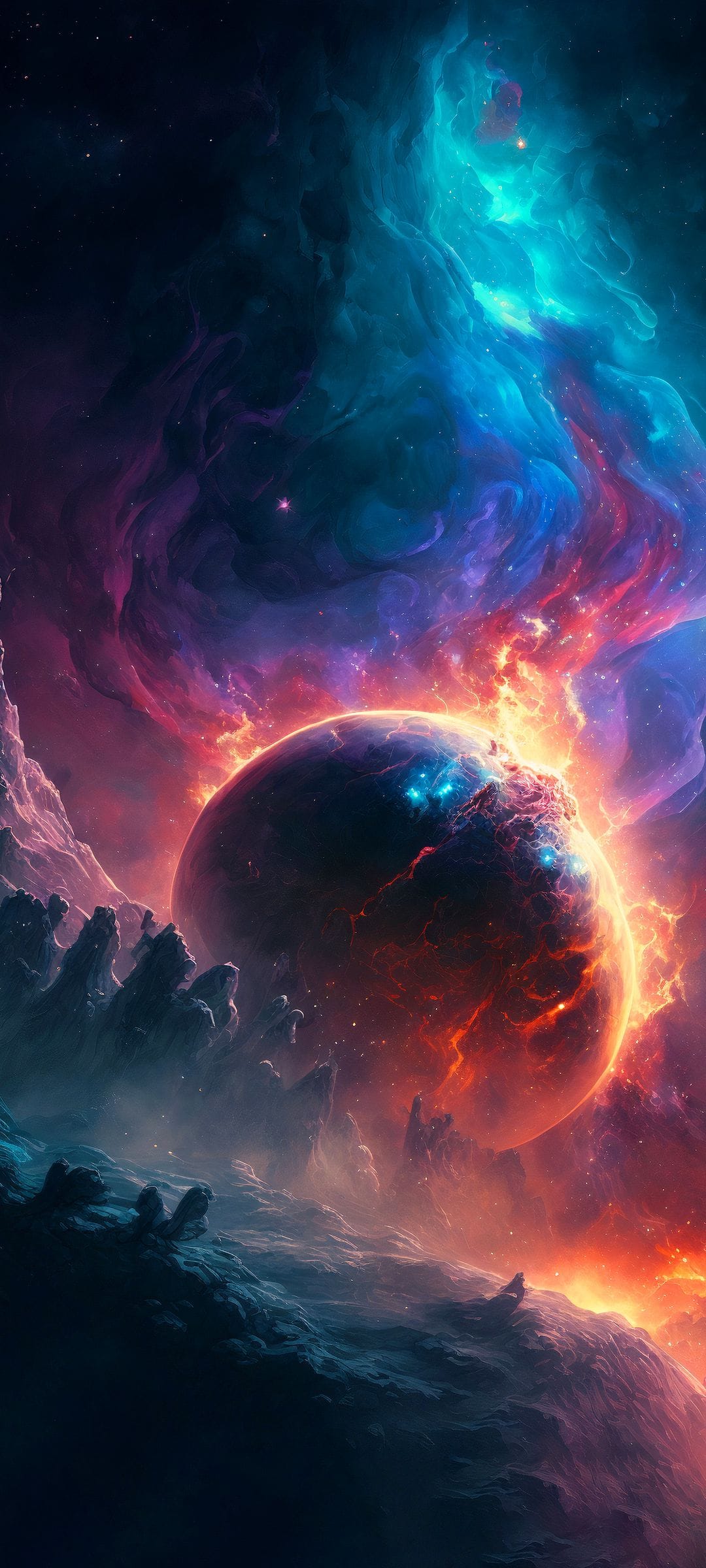 A glowing orange planet burns amidst swirling blue and purple gas clouds with jagged dark rocks in the foreground.