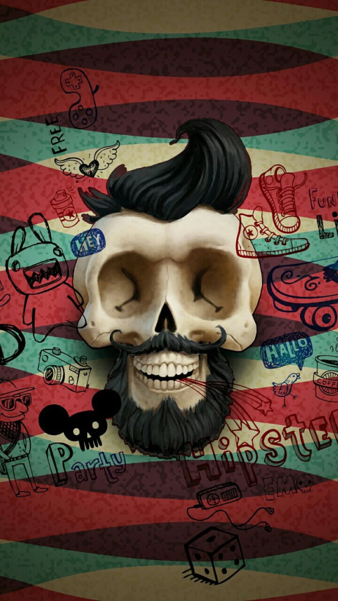 Bearded skull with a pompadour hairstyle surrounded by sneakers, gamepads, and coffee on a wavy striped background.