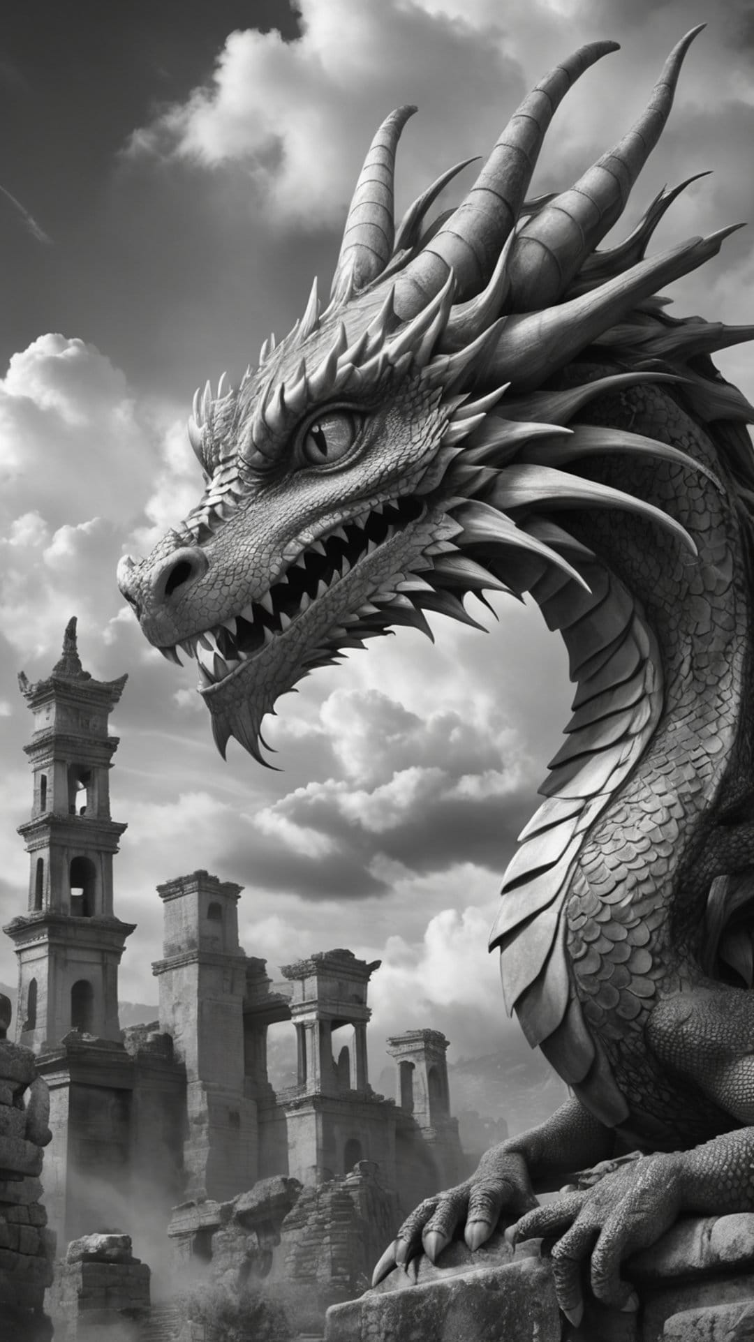 Ancient dragon with sharp horns and obsidian scales perched atop crumbling stone ruins under a cloudy sky.