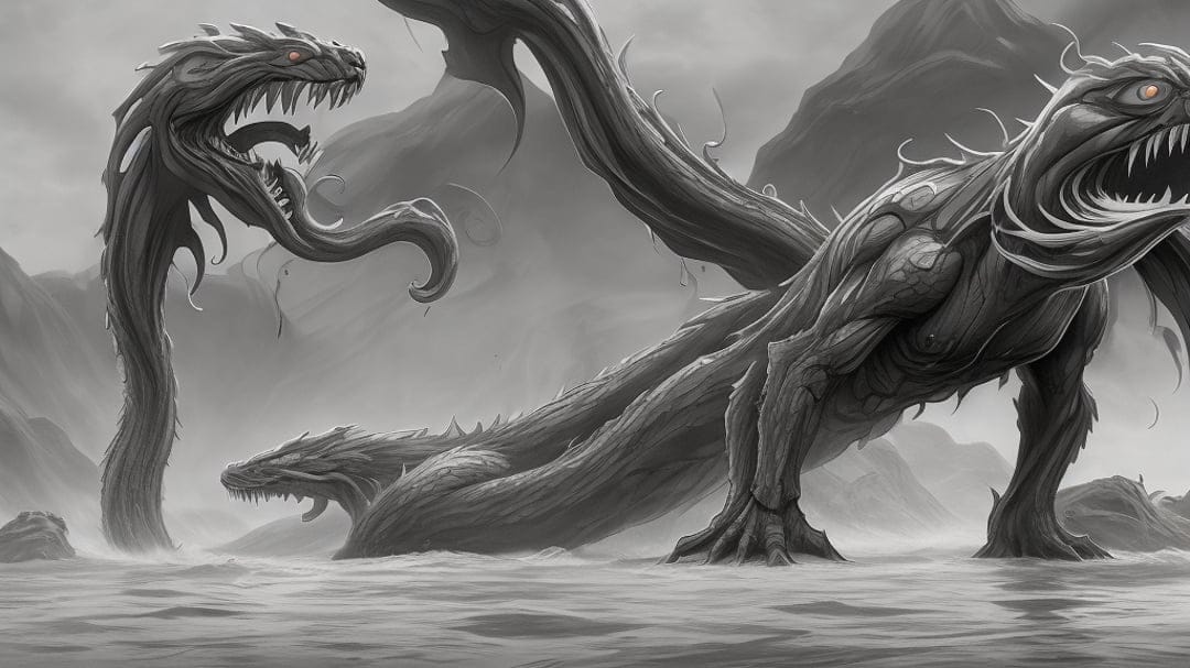Scaly sea dragons with jagged teeth rise from a misty mountain lake in a dramatic grayscale composition.
