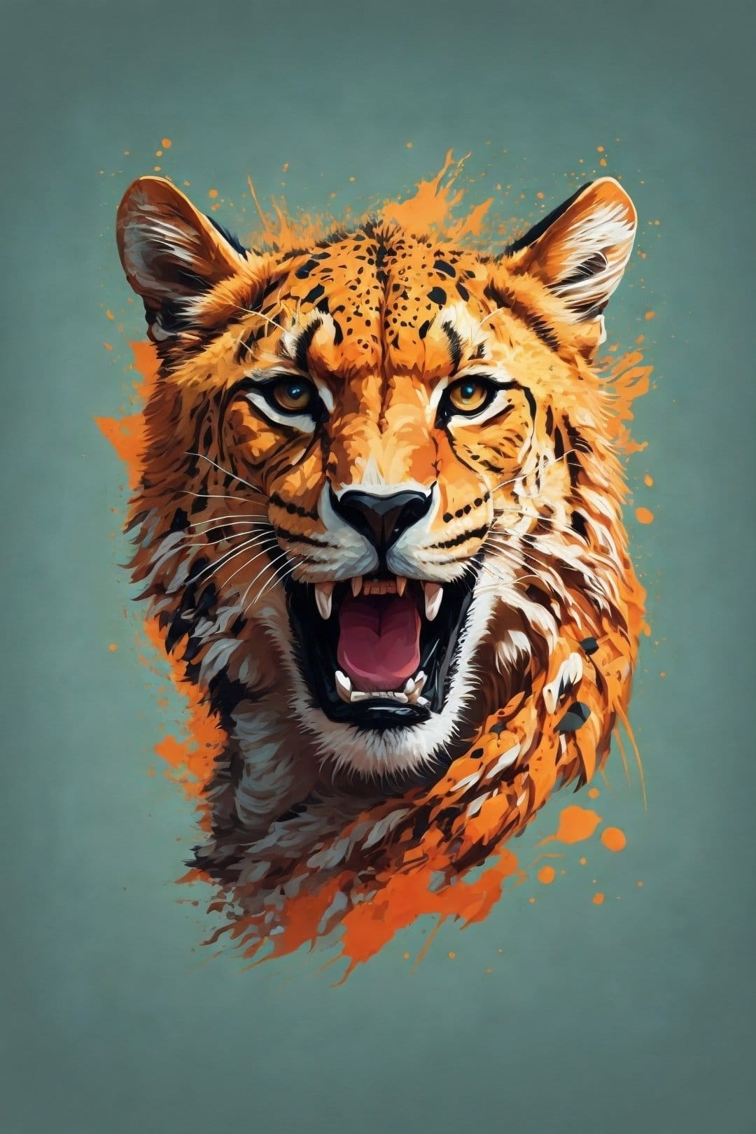 Cheetah head roaring with bared teeth amidst vibrant orange and yellow ink splatters on a dark background.