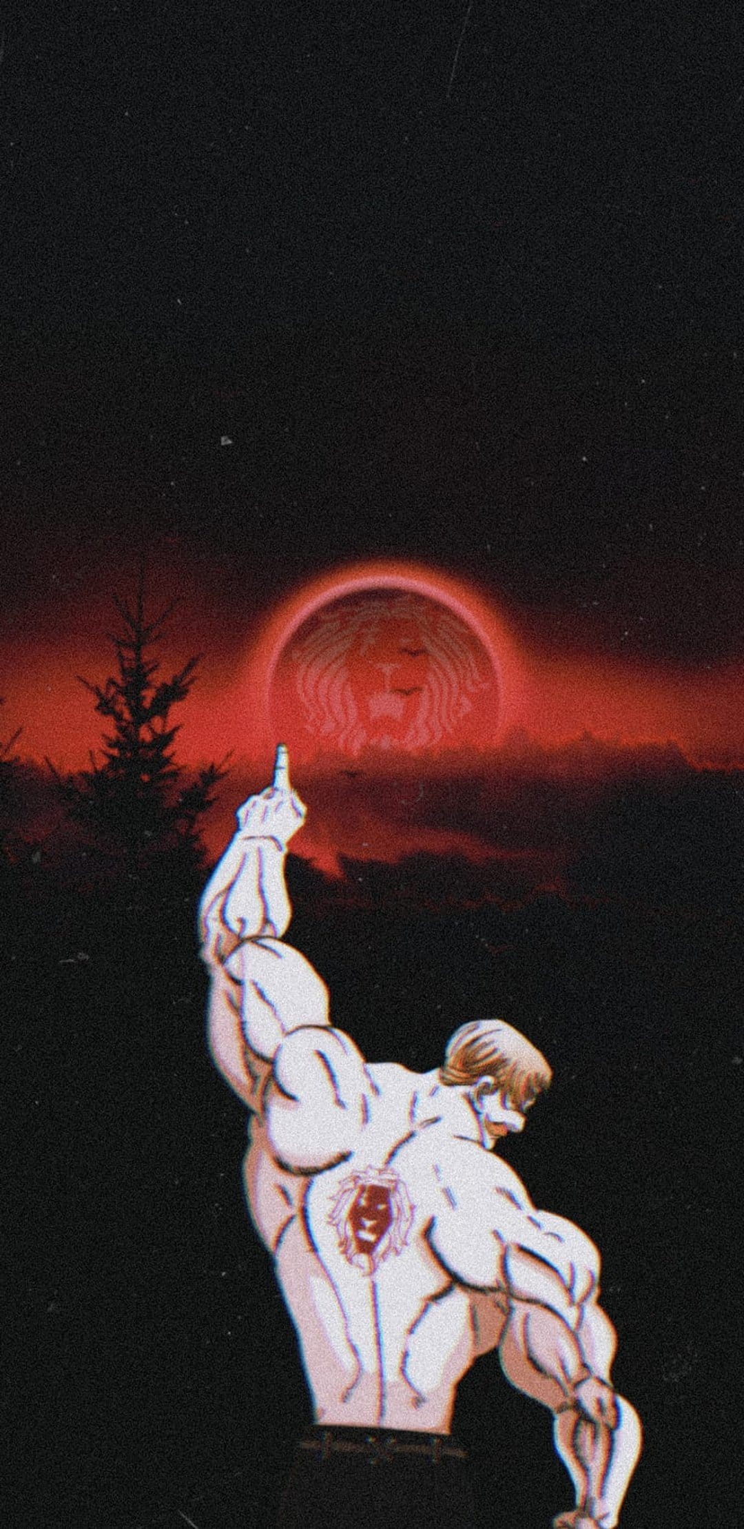 Escanor raises a middle finger toward a large red moon with a lion symbol visible on his muscular back.