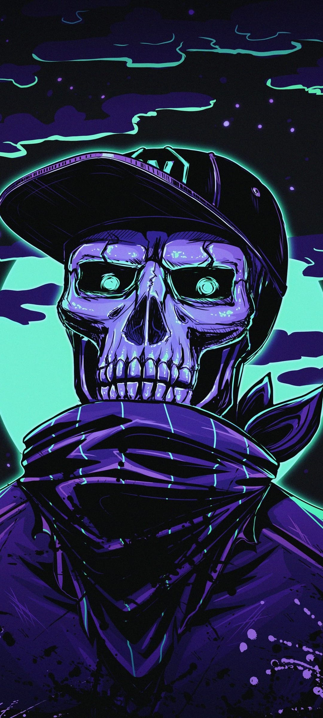 Purple skull wearing a black cap and blue bandana with glowing teal eyes under a moonlit starry night sky.