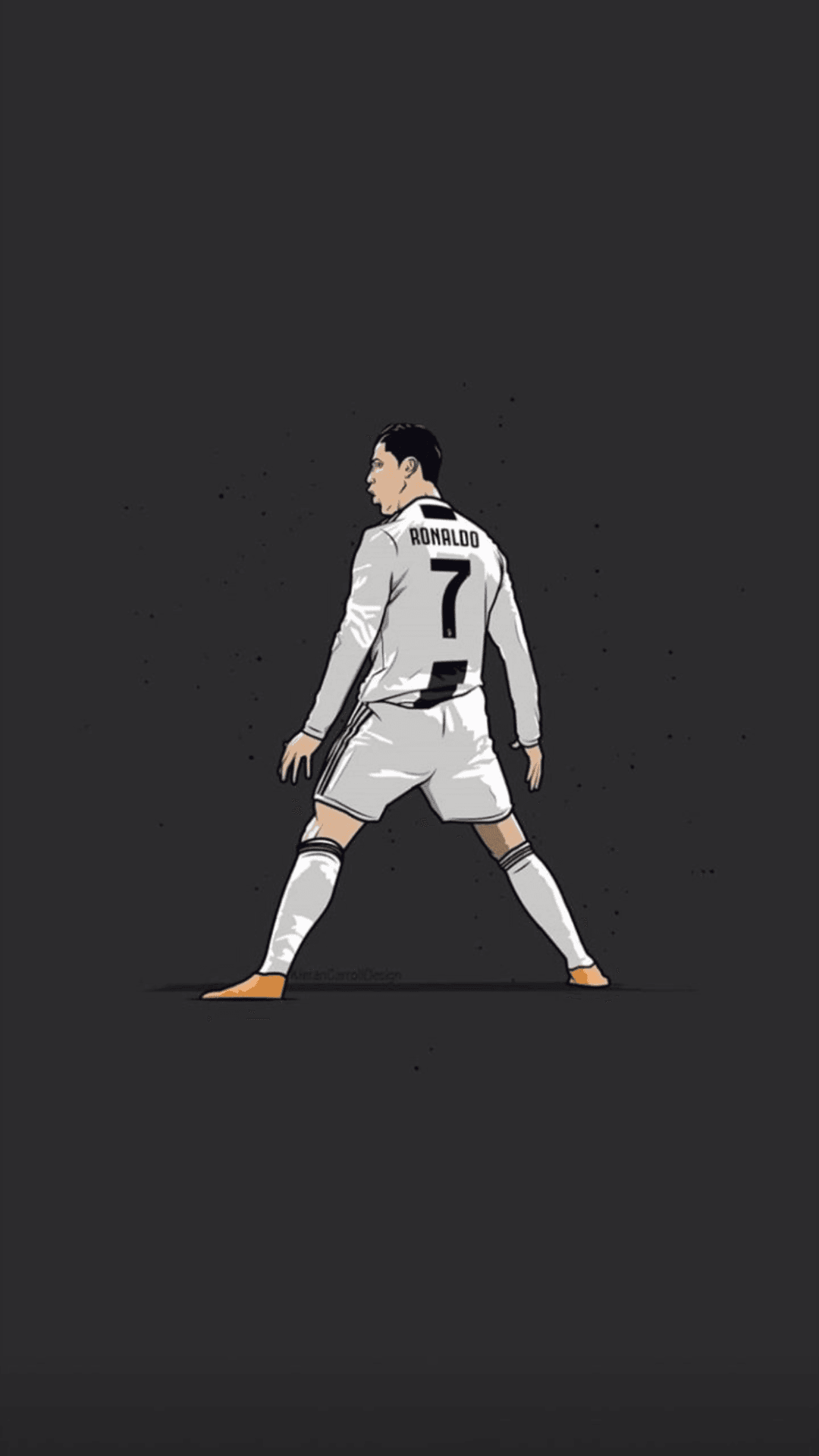 Cristiano Ronaldo wearing a white Juventus number 7 jersey looks back against a dark grey background.