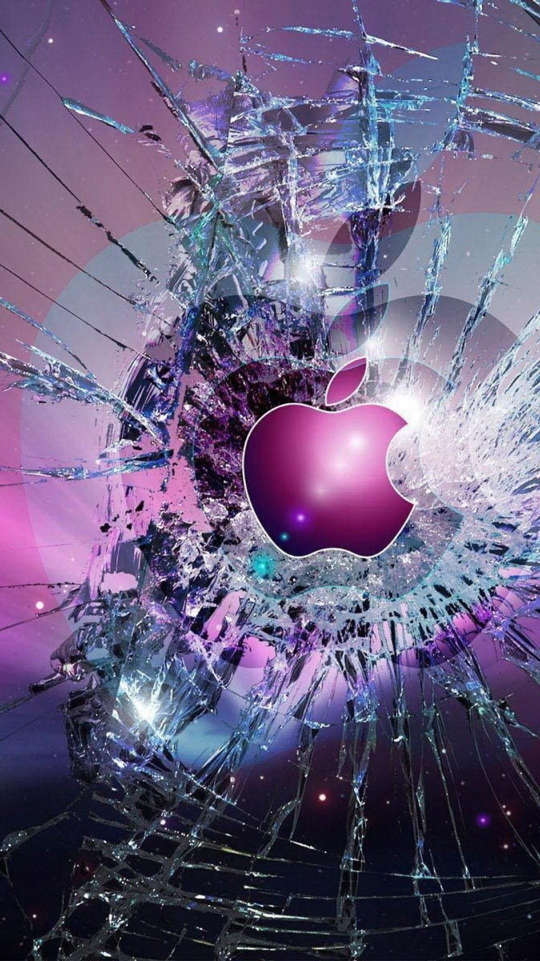 Apple logo in magenta centered on a cracked glass surface over a purple and blue cosmic nebula background.